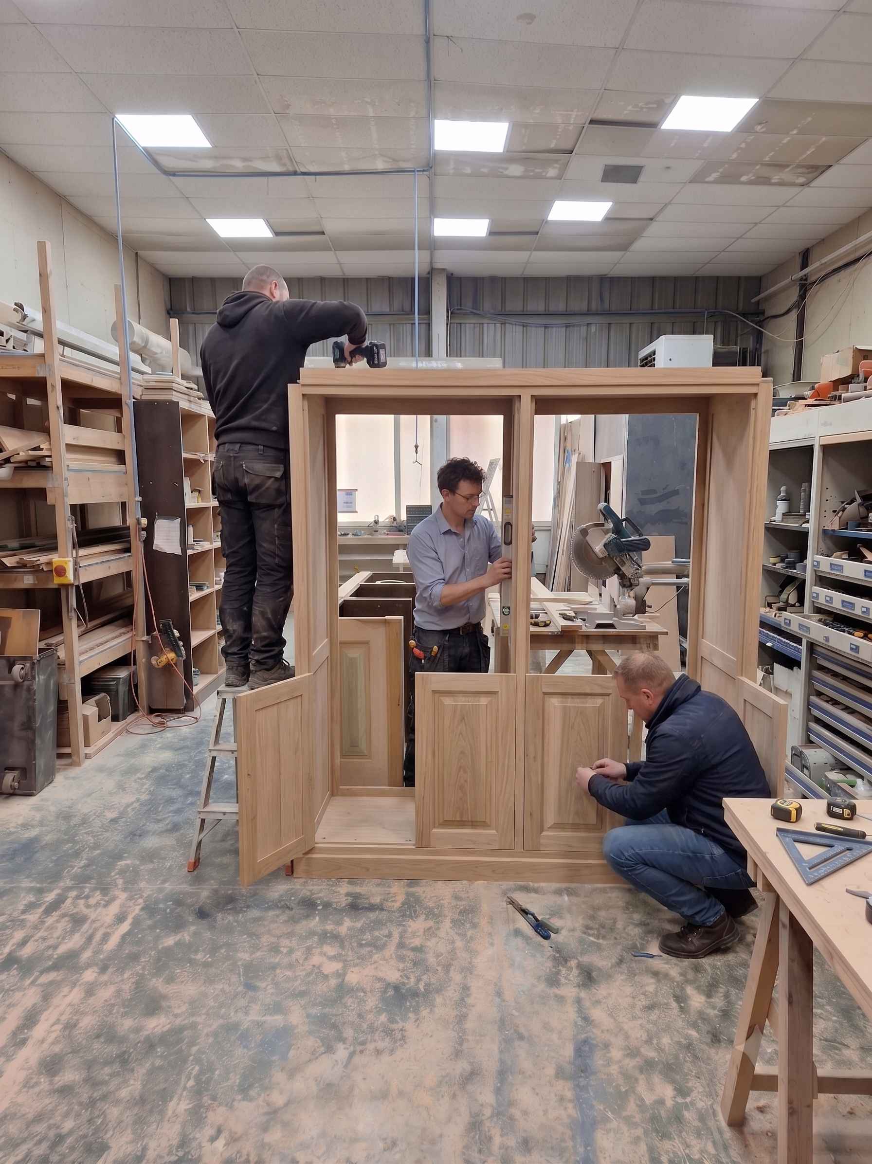 Wardrobe assembly in the M2M Joinery workshop